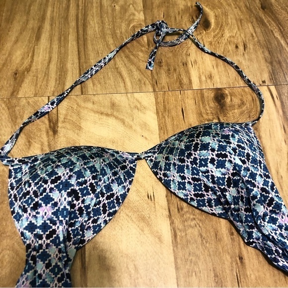Athleta Halter Tie Wrap Bikini Bathing Swim Suit Top Size XS Blue Geometric - Picture 4 of 6